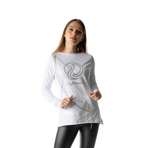 White sweatshirt with glitter print, &quot;Todream&quot; logo, long sleeves, women&#39;s cotton sweatshirt