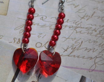 Swarovski Hearts | Red Heart Earrings | Crystal Heart Dangle Earrings | Red Earrings | Pearl Earrings | Valentine Earrings | Heart Earrings