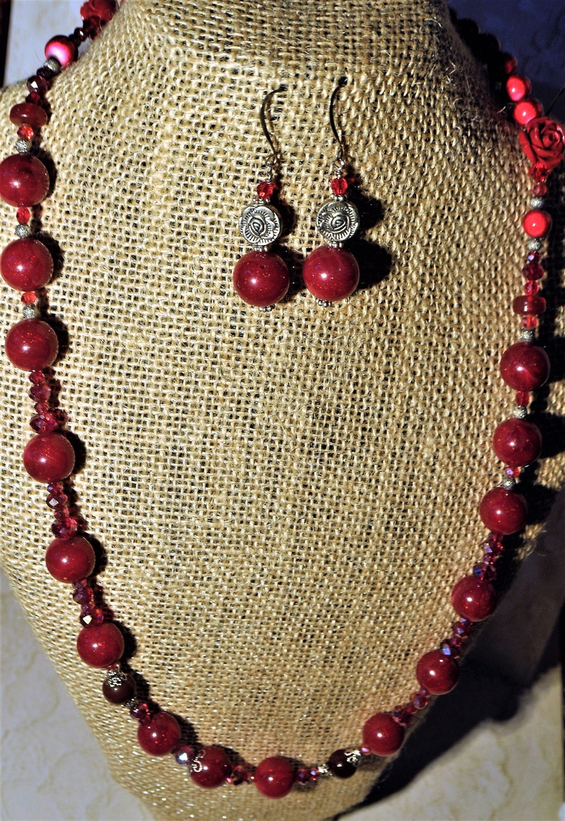 Vintage Beaded Necklace Red Earrings Necklace Red Necklace Roses Necklace Necklace and Earrings Set Red Rose Necklace and Earrings
