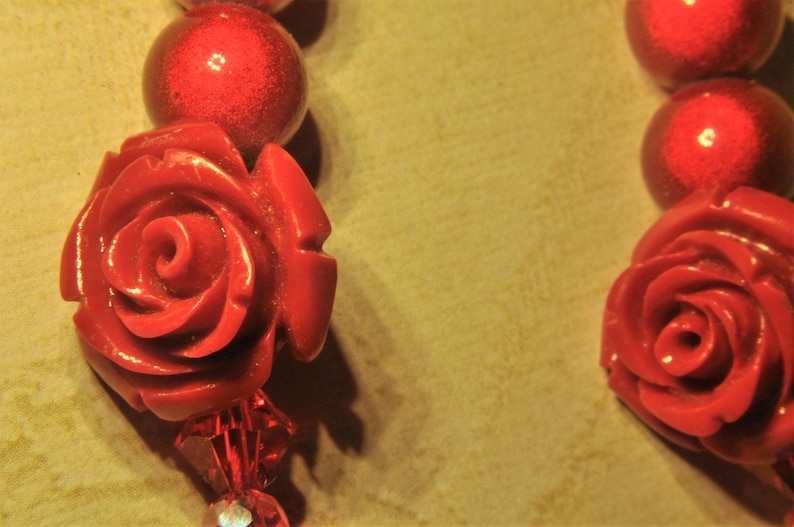 Vintage Beaded Necklace Red Earrings Necklace Red Necklace Roses Necklace Necklace and Earrings Set Red Rose Necklace and Earrings