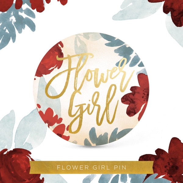 Bridal Party Pins / Buttons — "Flower Girl" 3 in. Elegant Floral Watercolor in Emerald, Ruby and Gold