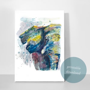 Elephant Splatter Watercolor and Ink Original Painting Printable Download Wall Art