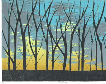Colwick  – Sunrise through trees, Linocut, Original Print