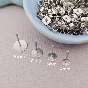 Stainless Steel Stud Earring Posts with Pad 304 Grade 100pc - 4mm 5mm 6mm 8mm