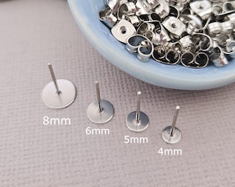 Stainless Steel Stud Earring Posts with Pad 304 Grade 100pc - 4mm 5mm 6mm 8mm