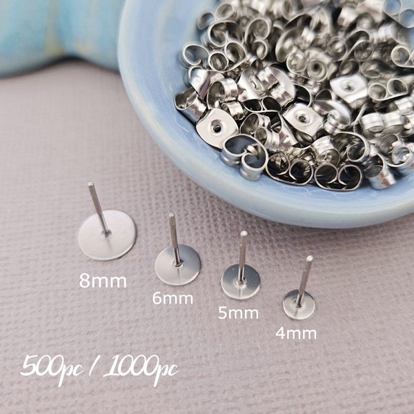 Stainless Steel Stud Earring Posts with Pad 304 Grade 500pc/1000pc - 4mm 5mm 6mm 8mm