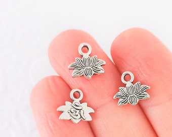 10x Lotus Flower Charms with OM Symbol 11mm Silver Tone Spiritual Charm