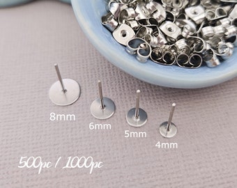 Stainless Steel Stud Earring Posts with Pad 304 Grade 500pc/1000pc - 4mm 5mm 6mm 8mm