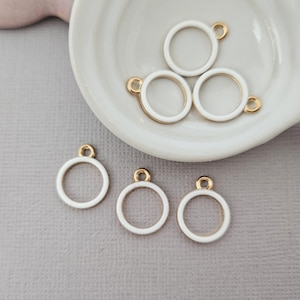 16mm White Enamel Circle Charms with Gold Tone Back x6