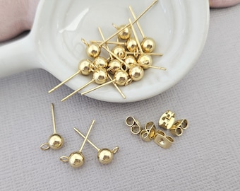 4mm/5mm Ball Stud Ear Posts with Loop 24k Gold Electroplated Stainless Steel Earring Blanks