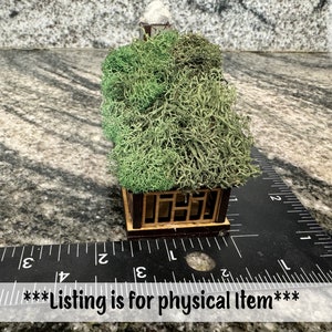 K&ouml;nnte beinhalten: Ein Miniatur-Holzhaus mit einem gr&uuml;nen Moosdach und einem klaren Kristall oben. Das Haus ist etwa 7.6 cm lang und liegt auf einem Lineal. Der Text "Listing is for physical Item" befindet sich unten.