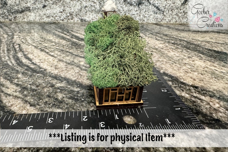 K&ouml;nnte beinhalten: Ein Miniatur-Holzhaus mit einem gr&uuml;nen Moosdach und einem klaren Kristall oben. Das Haus ist etwa 7.6 cm lang und liegt auf einem Lineal. Der Text "Listing is for physical Item" befindet sich unten.