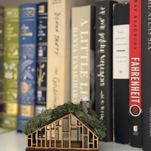 K&ouml;nnte beinhalten: Ein Miniatur-Holzhaus mit Moosdach und Schornstein, vor einer Reihe von B&uuml;chern platziert. Das Haus hat einen detaillierten Rahmen und ein Fensterdesign. Die B&uuml;cher tragen Titel wie "Fahrenheit 451" und "A Little Life".