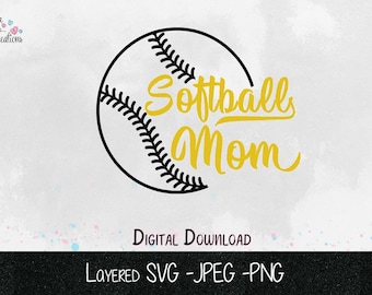 Softball Mom - 1 color & 2 color Optioned SVG ~ png ~ jpeg ~ Instant Download