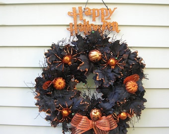 Halloween Wreath with Spiders and Jack O' Lanterns / Scary Wreath with Black Leaves / Pumpkin Wreath