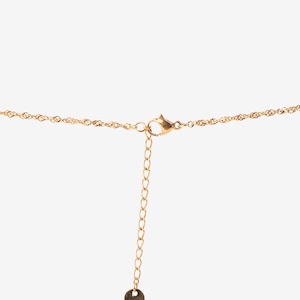 May include: A gold chain necklace with a lobster clasp and a small round pendant.