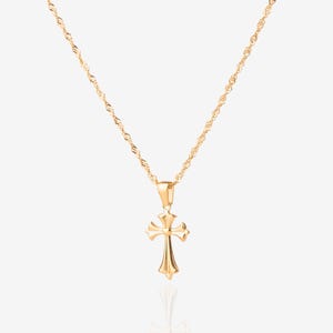 May include: A gold chain necklace with a small, ornate gold cross pendant.