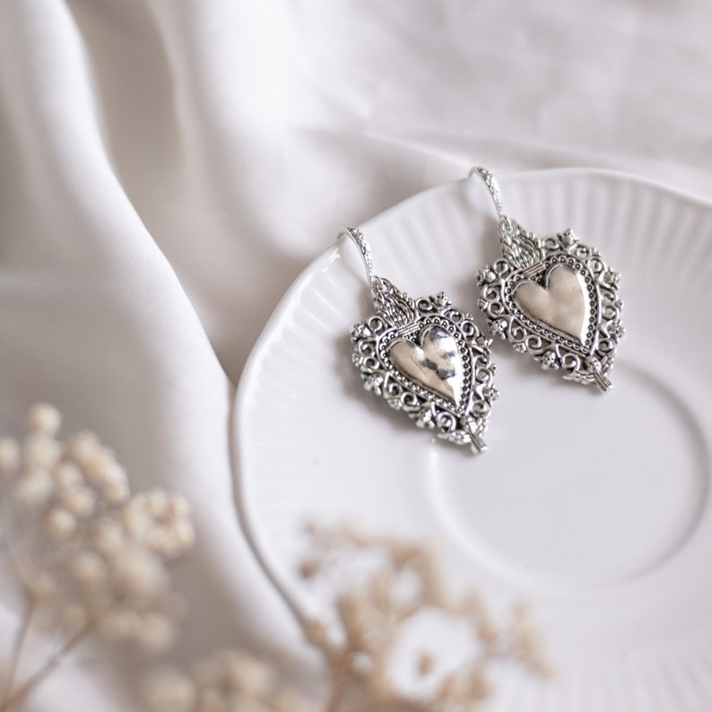 Silver Heart Earrings Vintage Style Jewelery Antique Victorian Jewelery Dangle Heart Earring Gift for Her Alternative Earrings For Spring image 1