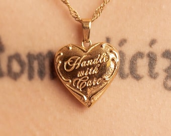 Gold Vintage Heart Charm Necklace Engraved Pendant Coquette Style Jewelry Gift