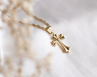 Gold Cross Necklace, 18k Gold Plated Crucifix Charm, Antique Style Necklace, Vintage Jewelry, Coquette Necklace, Romantic Jewelery