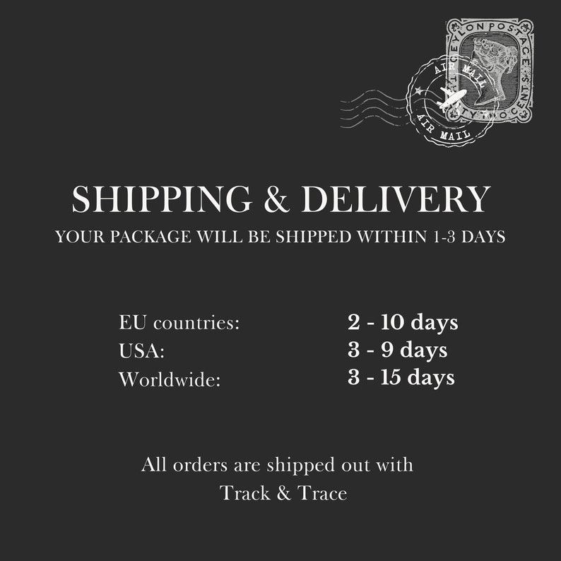 May include: Black and white text on a dark grey background with a vintage postage stamp graphic in the top right corner. The text reads "SHIPPING & DELIVERY" and "YOUR PACKAGE WILL BE SHIPPED WITHIN 1-3 DAYS".  The text also lists shipping times for EU countries, USA, and Worldwide.