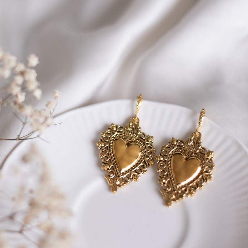 Gold Heart Earrings Vintage Style Jewelery Antique Victorian Jewelery Dangle Heart Earring Gift for Her Alternative Earrings For Spring image 6