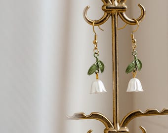 Cottagecore Flower Dangle Earrings, Handmade Dainty Jewelry, Boho Floral Jewelery Gift For Her, Enamel Nature Earrings, Lily Of The Valley