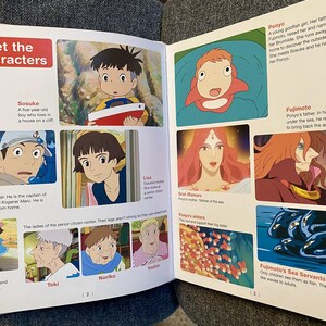 May include: Open book featuring character illustrations from an animated film. The page includes character names and descriptions, such as Sosuke, Ponyo, and Fujimoto, with colorful images of each character.