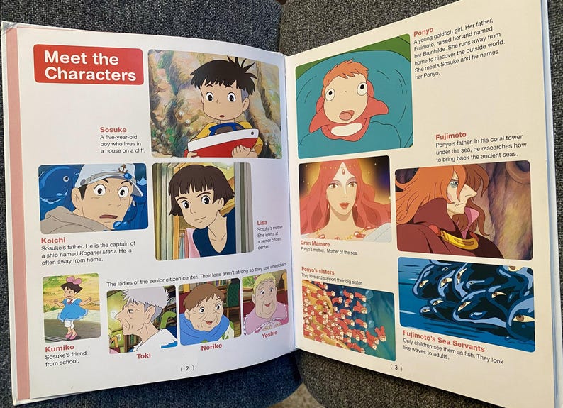 May include: Open book featuring character illustrations from an animated film. The page includes character names and descriptions, such as Sosuke, Ponyo, and Fujimoto, with colorful images of each character.