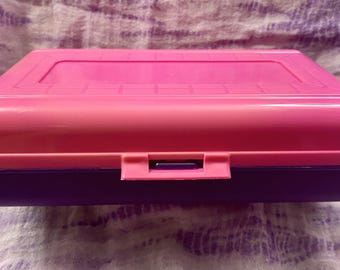 Vintage 90s Pencil Box Purple and Pink Plastic with Lid Classic School Supply