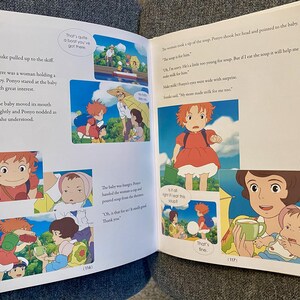 May include: Open book with colorful illustrations from an animated film. The images depict a young girl with red hair and a baby, with text bubbles containing dialogue. The text on the page reads, "It's delicious."