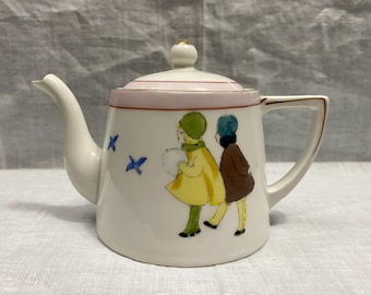 Hand Painted Japanese Teapot with Girls and Birds Made in Nippon Small Antique