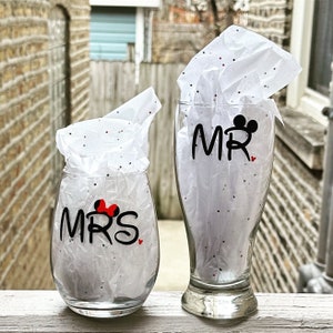 Mr. and Mrs. Disney Drinkware l Wedding Gift | Bridal Shower | Custom Glass | Engagement | Couples | Beer Glasses | Wine Glasses | Wedding