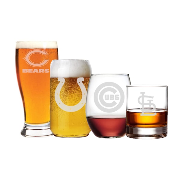 Etched Sports Team Glasses | Beer Glasses | Wine Glasses | Whiskey Glasses | Beer Can Glass | MLB | NFL | Sports Barware | Sports Gift