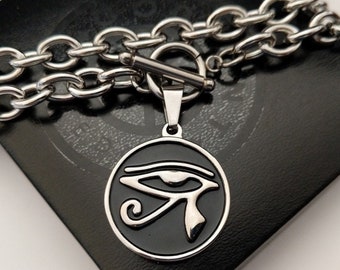 Chunky Statement Egyptian Amulet Eye Of Ra Necklace, Silver Stainless Steel Custom Engraved Egyptian Pendant, Chunky Toggle Chain 8 MM