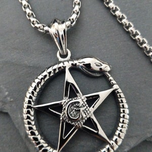 Large Chunky Statement Wicca Ouroboros Serpent Pentagram Necklace, Silver Stainless Steel Witch Protection Ouroboros Pendant, image 1