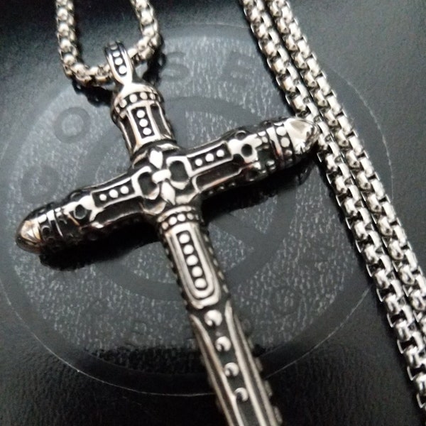 Mens Large Silver Stainless Steel Ethnic Tribal Native American Cross Necklace, Ancient Aztec Mayan Cross Necklace,