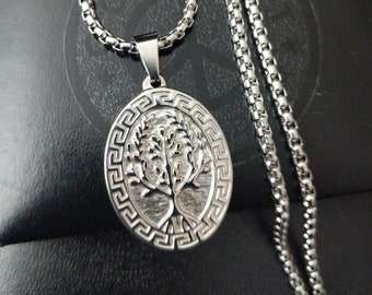 Mens Personalised Classical Tree Of Life Greek Key Necklace, Stainless Steel Medal Pendant, Engraved Medallion Necklace