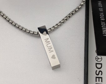 Mother's Day Personalised Identity Message Bar Necklace, Engraved Silver Stainless Steel ID Message Bar Pendant Necklace 30MM, Gift For Mum