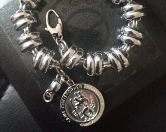 Mens Personalised St Christopher Bracelet, Silver Steel Heavy Chunky Oval Chain Bracelet, Custom Engraved  8" - 10" 15MM, Travel Gift