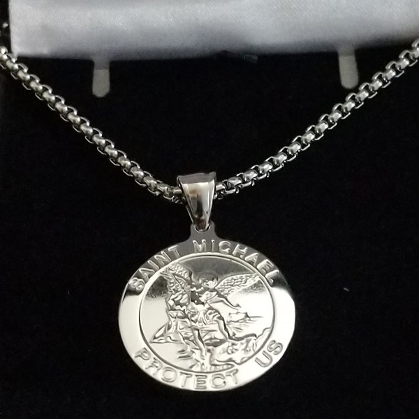 Mens Personalised Saint Michael Necklace, Engraved Silver Stainless Steel Medal, Law Enforcement Protection Necklace, Travel Gift