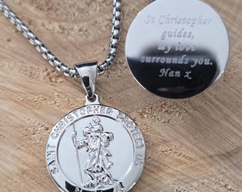 Men's Personalised St Christopher Necklace, Engraved Stainless Steel Travel Protection Medal, Father's Day Gift For Dad