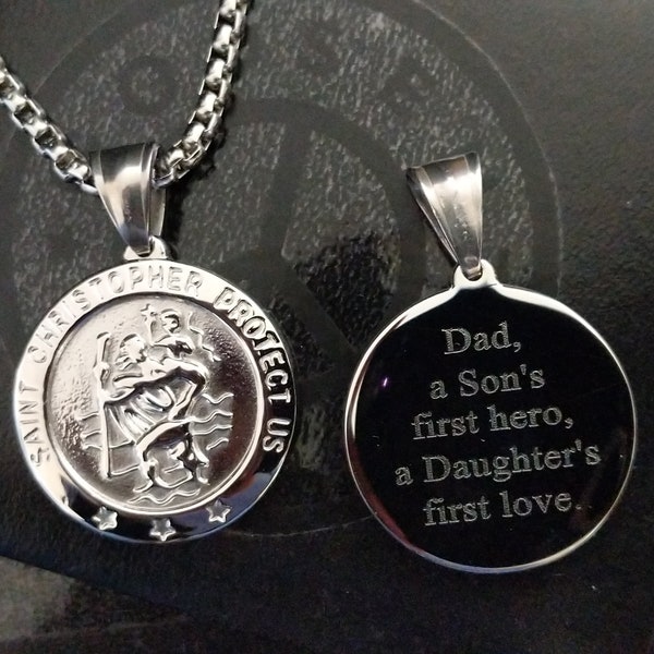 Mens Personalised St Christopher Medal Necklace, Engraved Silver Stainless Steel Necklace, Travel Protection, Christmas Gift For Dad