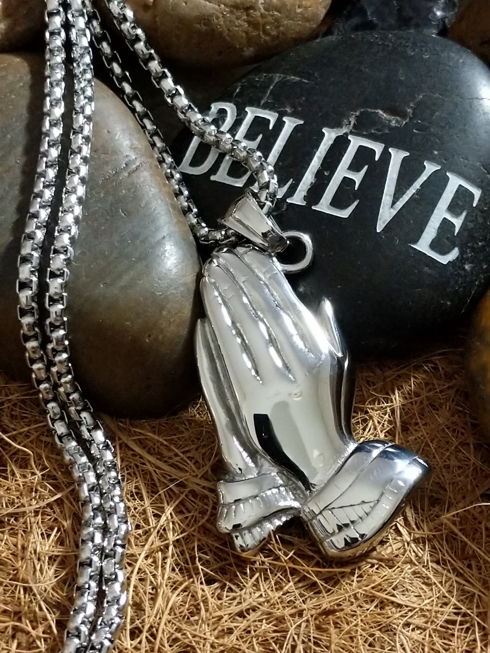 Mens Praying Hands Necklace Personalised Engraved Silver Etsy