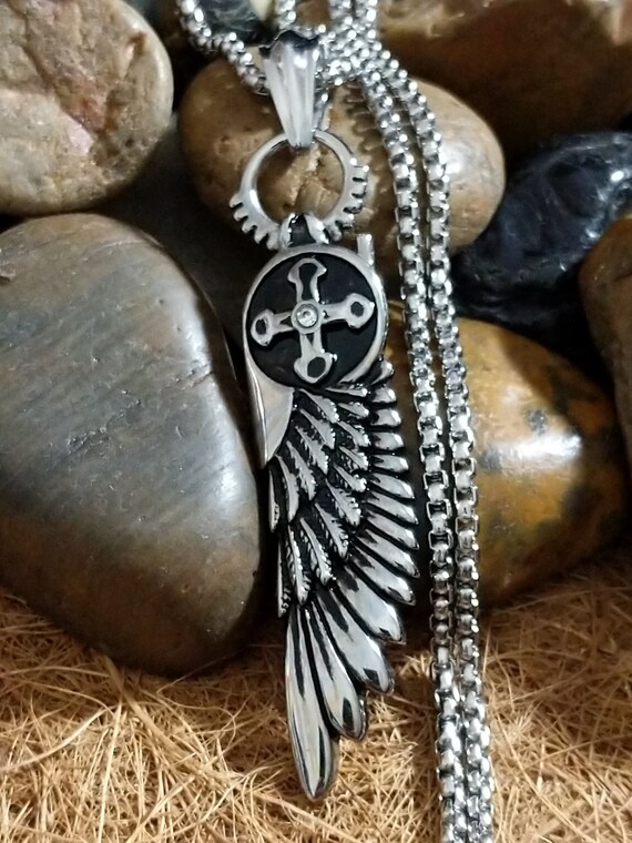 Mens Gothic Feather Cross Necklace Engraved Native Ethnic Feather