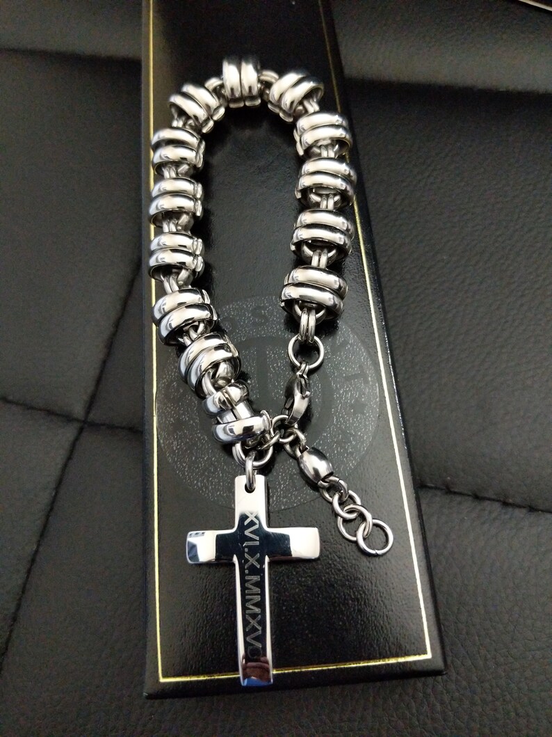 Mens Personalised Cross Bracelet Silver Steel Heavy Chunky Etsy UK