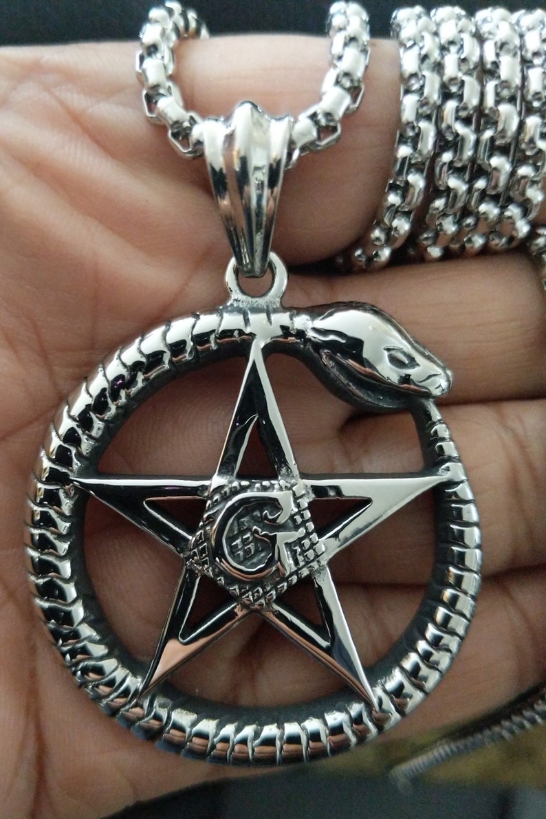 Large Chunky Statement Wicca Ouroboros Serpent Pentagram Necklace, Silver Stainless Steel Witch Protection Ouroboros Pendant, image 2