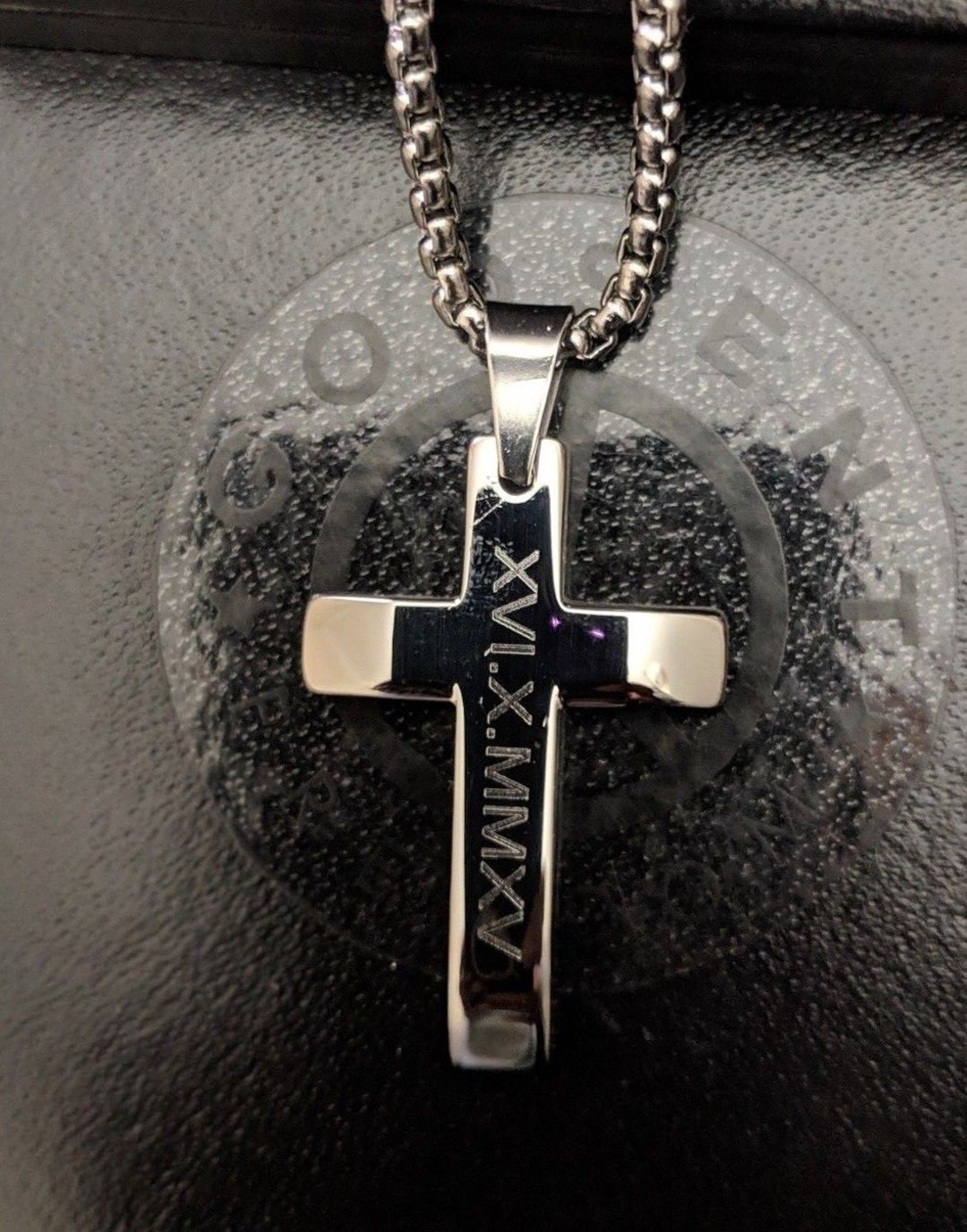 Ladies Custom Engraved Cross Necklace Gift, Silver Steel Cross Pendant