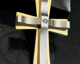 Large Personalised Cross, Layered Necklace, Engraved CZ Gold Stainless Steel Crystal Cross Necklace, Cubic Zirconia Cross, Valentines Gift