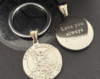 Men's Personalised Engraved St Michael Charm Keyring, Stainless Steel Protection Medal, Fathers Day Gift , For Law Enforcement and Military